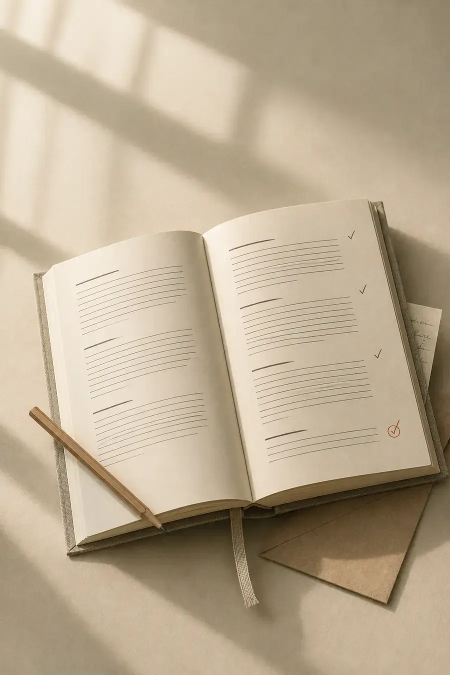 An open notebook on a cream desk, each line of notes ticked off, the last check in clay, with a pencil and envelope beside it
